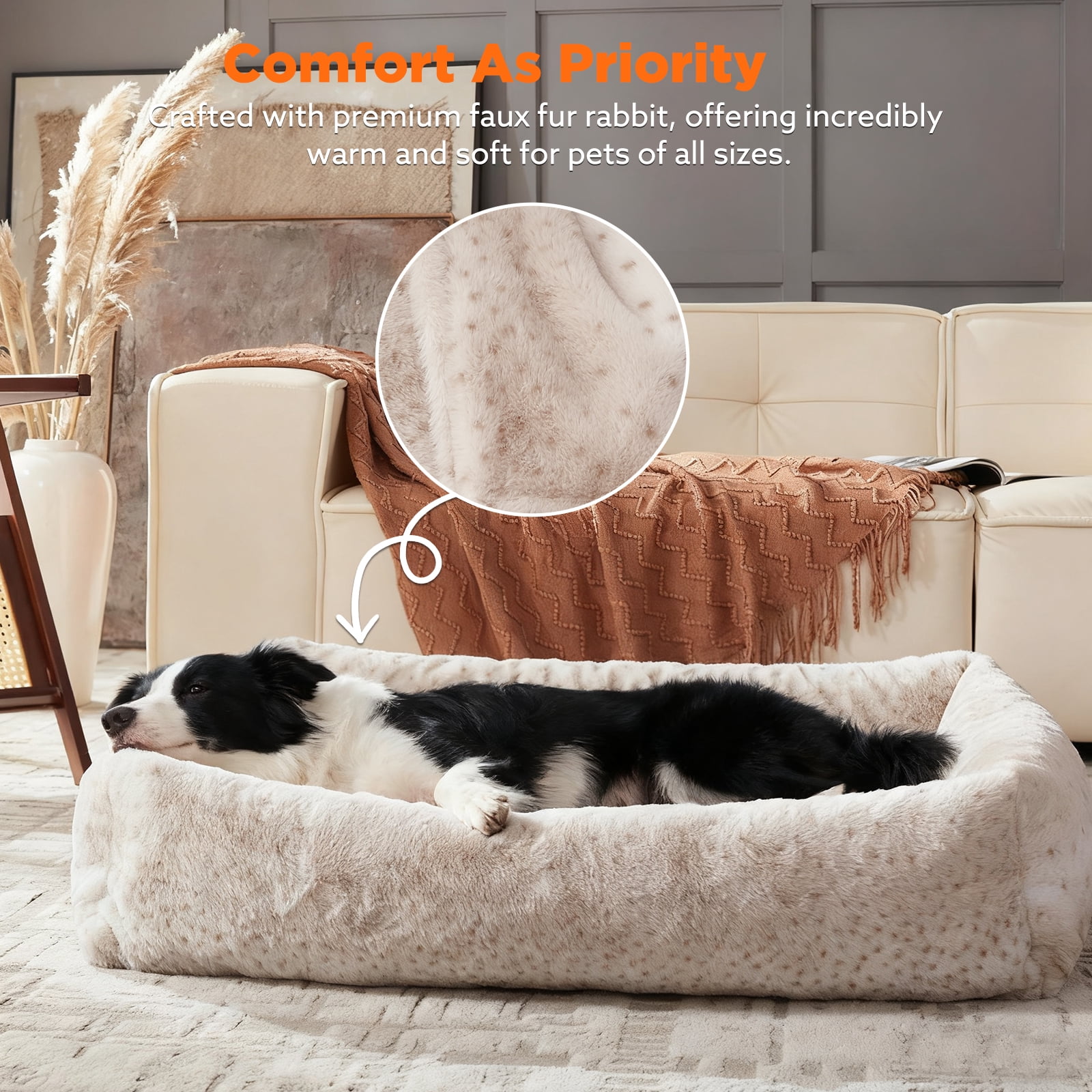 Vintage Leopard Print Dog Bed Cat Bed, Ultra Soft Calming Dog Bed, Rectangle Comfortable Pet Bed for Small Medium Large Dogs, Off-White, 36in