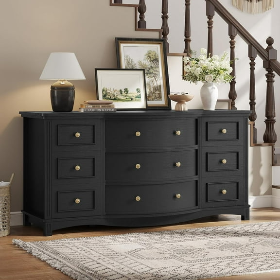 9 Drawer Dresser, 55" Wide Chest of Drawers, Modern Wood Dresser Storage Organizer for Living Room, Bedroom, Hallway, Curved Drawer Design, Black