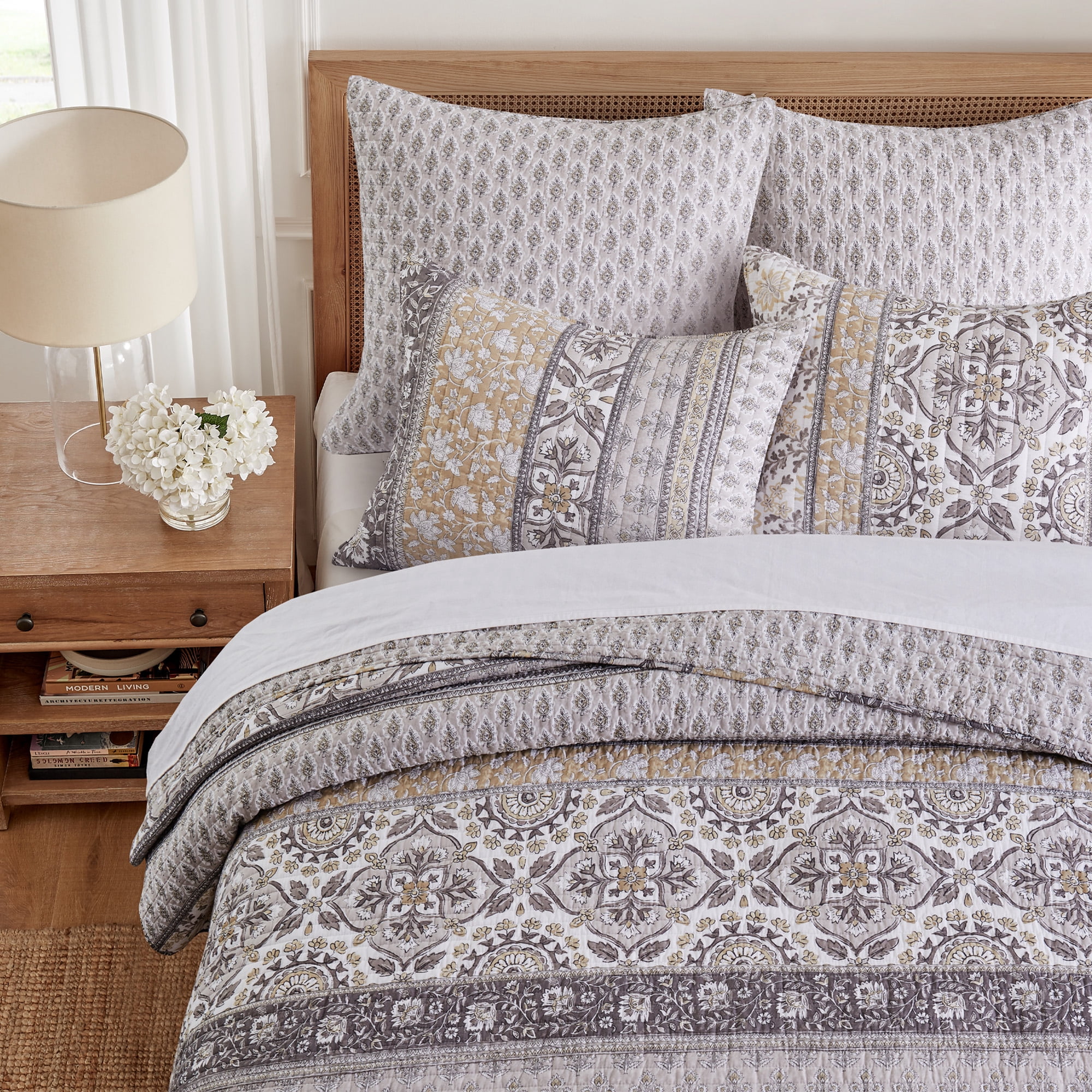 Levtex Home - Lirelle Quilt Set - King Quilt and Two King Shams - Bordered Floral - Grey Tan White and Charcoal - Quilt (106x92in.) and Shams (20x36in.) - Reversible - Cotton