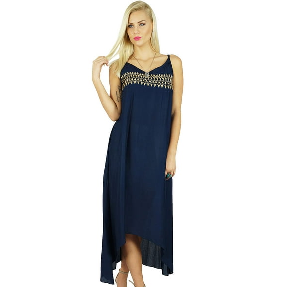 Bimba Women Blue Cotton Mid Calf Dress Asymmetrical Dress Sapaghetti Strap