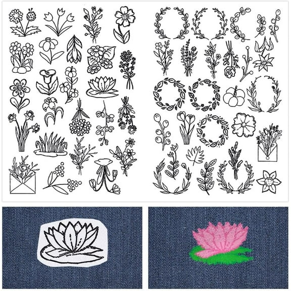 100Pcs Flowers Wreath Water Soluble Embroidery Stabilizers Plants Hand Sewing Stick and Stitch Away Pre-Printed Self Adhesive Patterns for Bags Cloth Sew Lovers Beginner colorful DIY