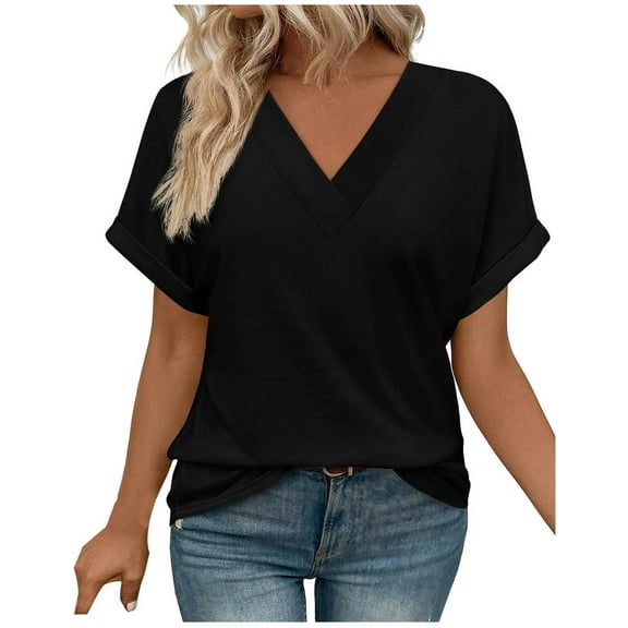 bnaln Womens Tops Short Sleeve Shirts Blouses for Women Dressy Casual Tops Solid Color V Neck Tees Blouses Loose Fit Pullover Tunic Tops Plain Tshirts Going Out Tops Streetwear