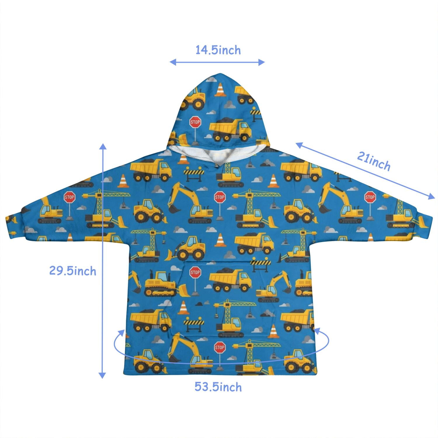 Cartoon Construction Vehicles Barriers Blue Pattern Blanket Hoodies for Kids 6-13YR Oversize Wearable Blanket Hoodies for Boys Girls Teens