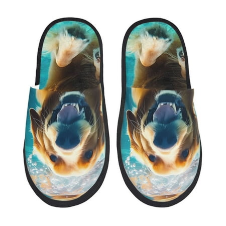 Balery Dog Underwater Adventure Slient Indoor Furry Fleece Comfort House Shoes Soft Non-Slip Home Shoes Cotton slippers House Slippers-- Medium