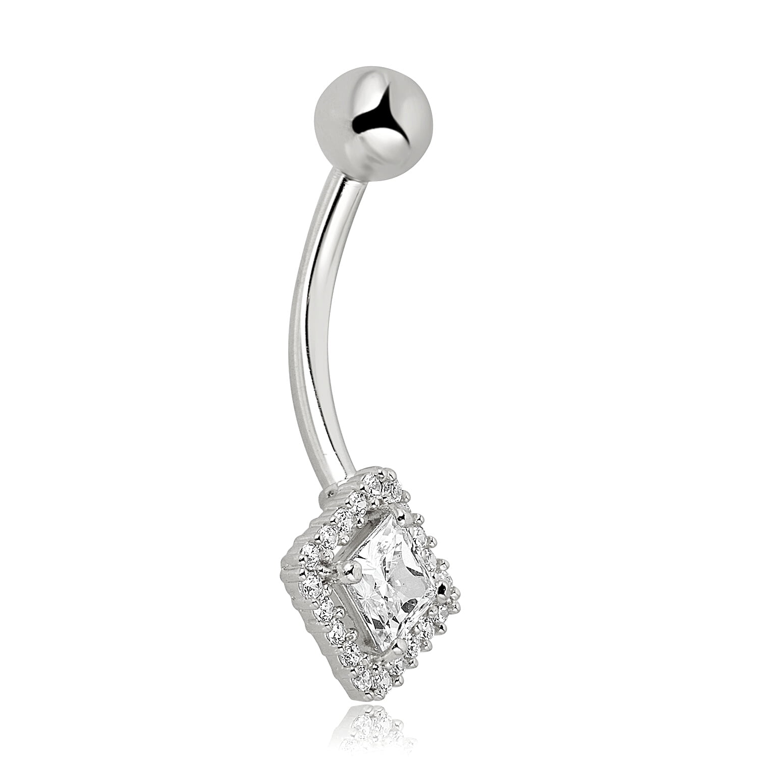 AVORA 10K White Gold 4mm Princess-Cut Simulated Diamond CZ Halo Belly Button Ring Body Jewelry (14 Gauge)
