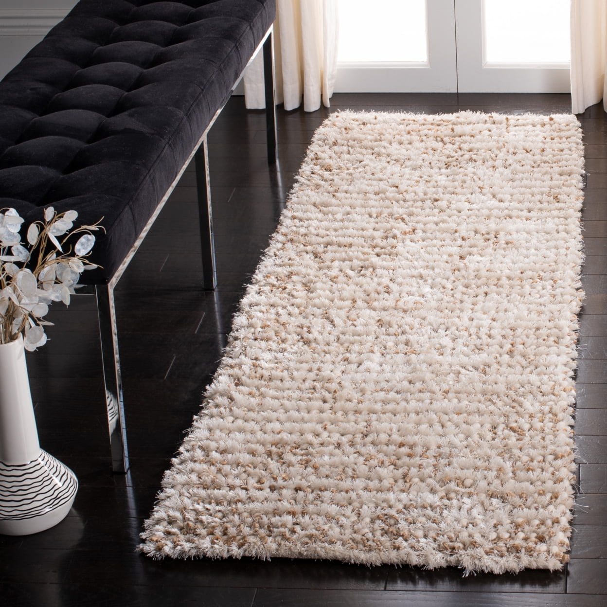 SAFAVIEH Constance Braided Plush Shag Runner Rug, White/Beige, 2'3" x 11'