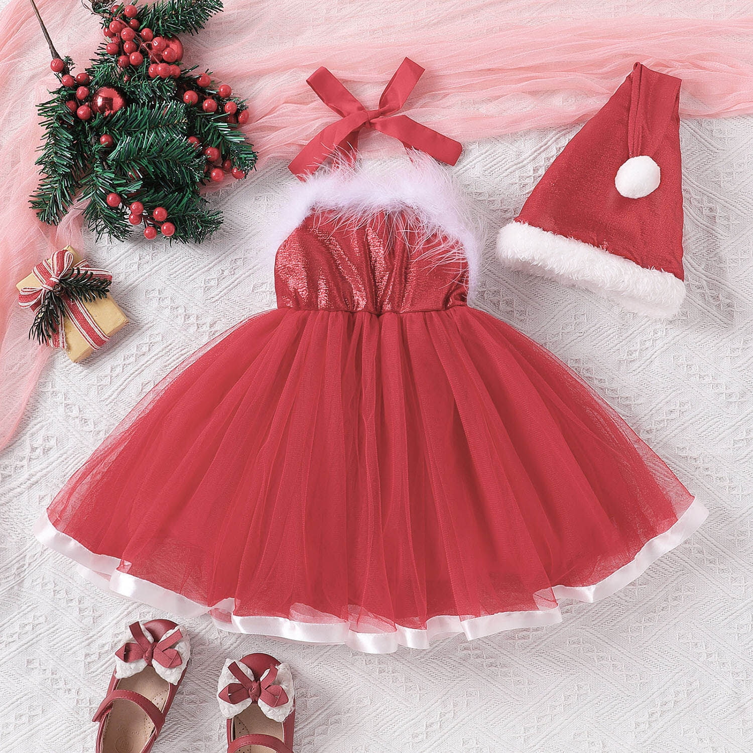 Christmas Dress for Baby Girls Red Velvet Santa Dress Outfit Sequin Tulle Dress with Hat Walmart
