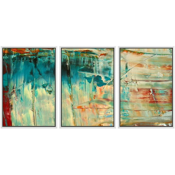 wall26 Framed Canvas Print Wall Art Set Thick Teal, Tan & Orange Paint Color Field Abstract Shapes Illustrations Modern Art Chic Colorful Ultra for Living Room, Bedroom, Office - 24"x36"