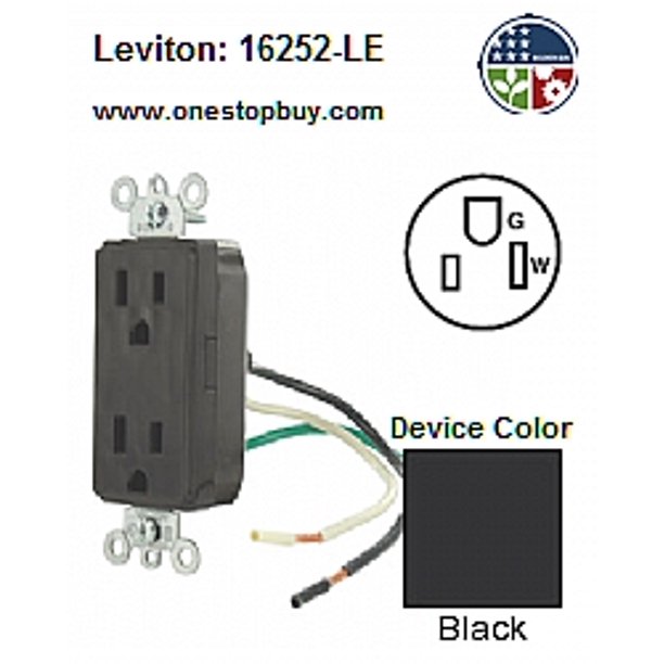 Leviton 16252LE Decora Duplex Receptacle Commercial Grade 515R 15A 125V Pigtail Leads 6 Inch
