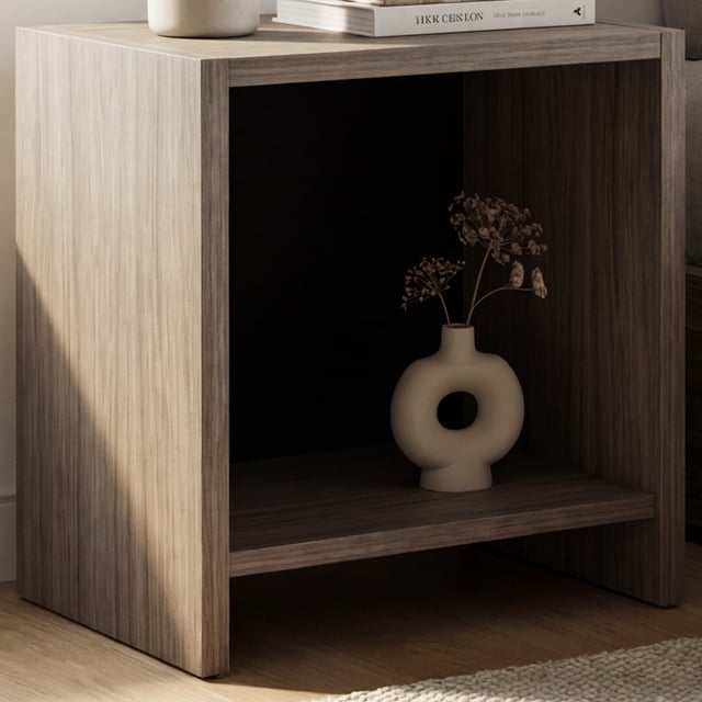 Mesa Lateral Minimalista Gris Cenizo con Recubrimiento Tacto Madera - LEMICH