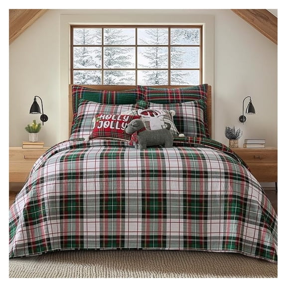 - Spencer Plaid Full Bedspread - Full (90x106in.) - Green Red White - Reversible - Cotton