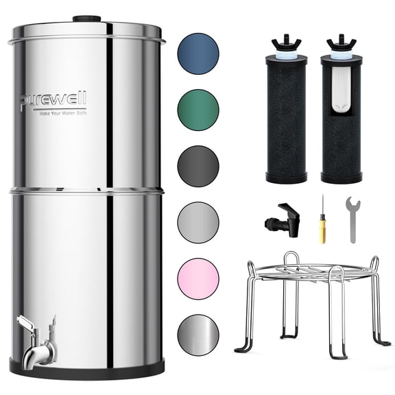 Purewell 3-Stage 0.01μm Ultra-Filtration Gravity Water Filter System with Stainless Steel Base and Two Filter Cartridges