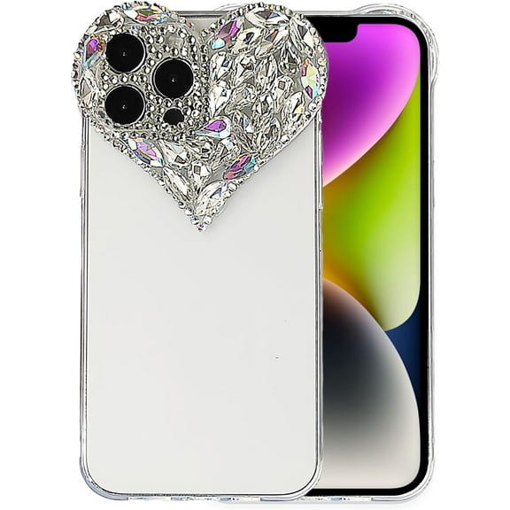 Cute 3D Glitter Case for iPhone 13, Sparkling Aesthetic Heart Gems Bling Case, Pretty Shine Colorful Diamond Soft TPU Bumper Case for Women Girl-iPhone 13, Clear