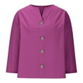 thumbnail image 5 of Tops for Women under $10 3/4 Sleeve V-neck Cotton Linen Button Up Solid Color Loose Top Purple XXXXL, 5 of 6