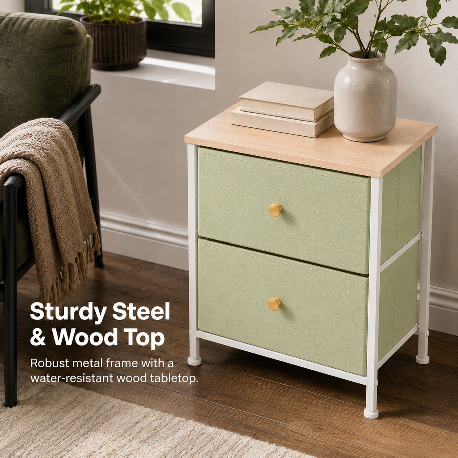 Alvantor Nightstand with 2 Storage Drawers, Small Bedside Table, Small Dresser with Sturdy Wooden Top for Daily Essentials, Compact Nightstand for Bedroom and Small Spaces