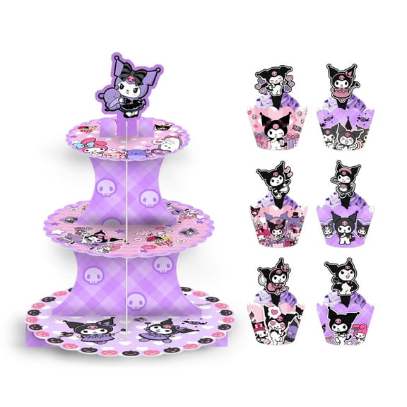 Kuromi Themed 3-Tier Dessert Cupcake Stand with Cupcake Toppers and Wrappers Paper Wraps，Cake Decorative Serving Tray Stand Cardboard Cupcake Tower for Party Decorations.