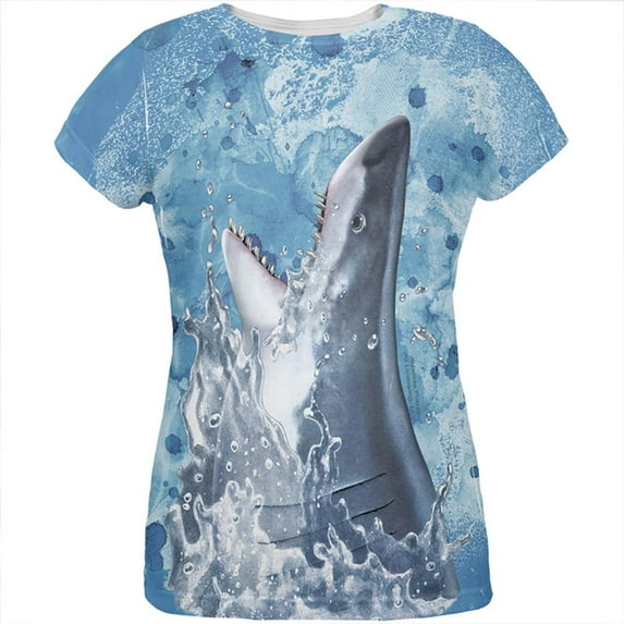 Hungry Great White Shark Breaching All Over Womens T Shirt Multi LG