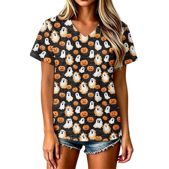 HOMBOM Womens Essentials T Shirt Halloween V Neck Lightweight Short Sleeve Comfy Ladies Daily Pullover Polyester Shirts,XXXXL