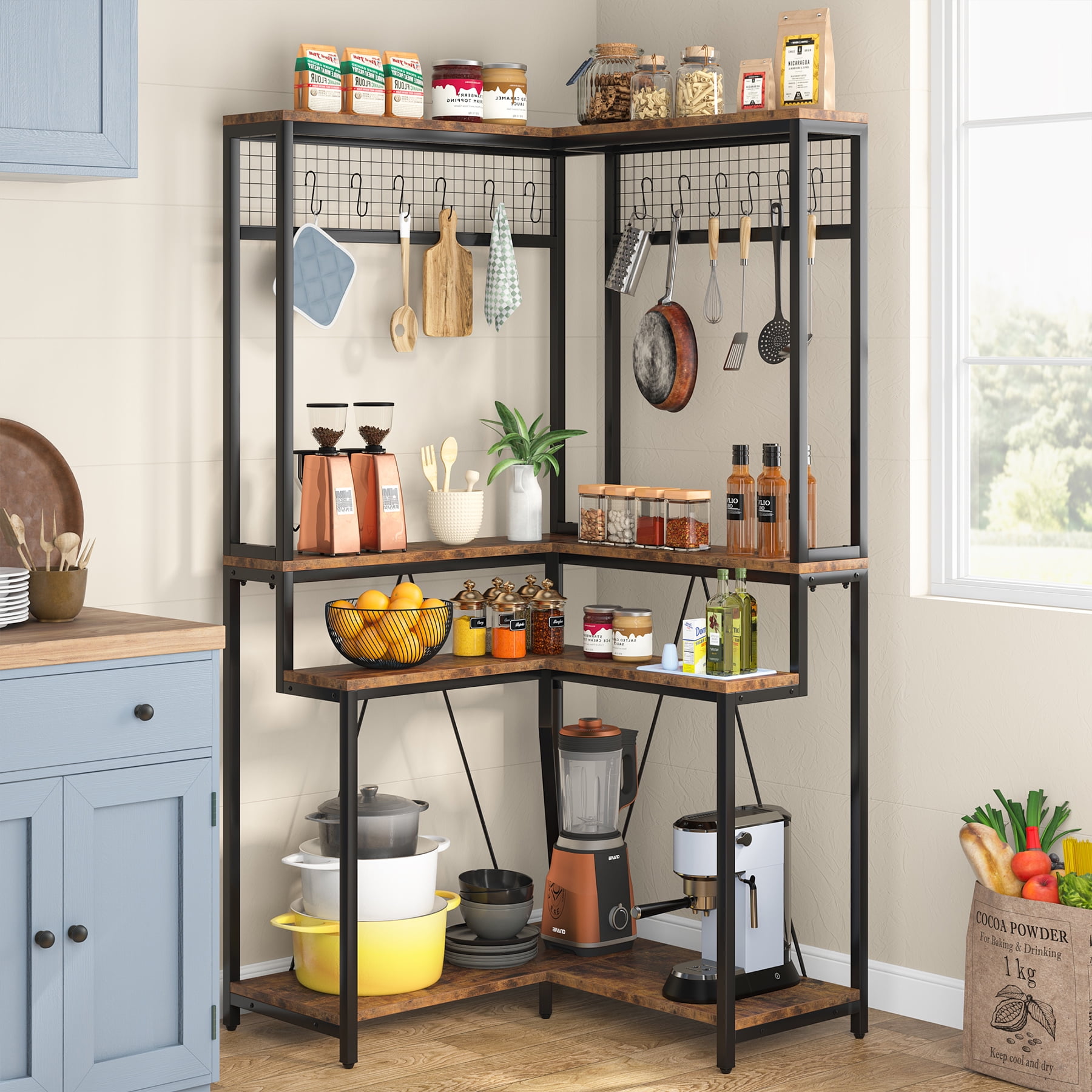 Tribesigns Corner Bakers Rack for Kitchen, 8 Shelves Kitchen Storage Rack with 15 Hanging Hooks