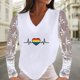thumbnail image 3 of Mujer Casual Día de San Valentín electrocardiograma impreso cuello en V encaje empalme manga larga pulóver blusa camiseta Tops Fridja  hkj4229, 3 of 8