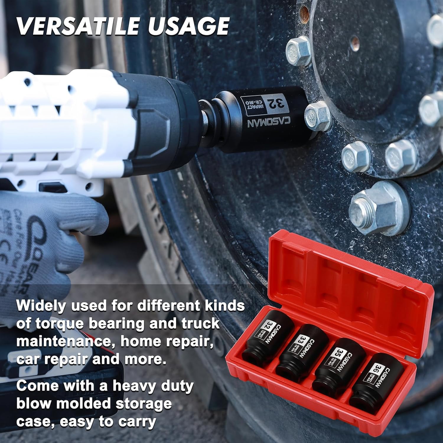 1/2-inch Drive Deep Spindle Axle Nut Impact Socket Set, 6 Point, Cr-Mo,32,33,35,36mm, 4Pcs 1/2 inch Impact Socket Set, Heavy Duty Use In Removing And Installing Axle Nuts