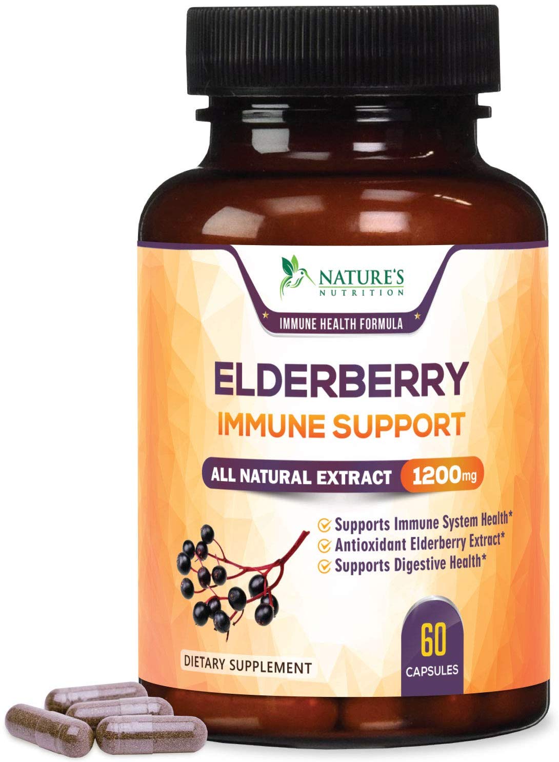 Nature's Nutrition Elderberry Immune Support Capsules, 1200 mg, 60 Ct