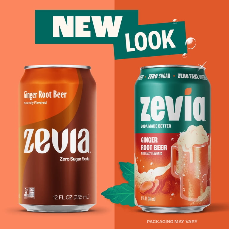 Zevia, Zero Calorie Ginger Root Beer Soda, 12 fl oz, 8 Pack Cans
