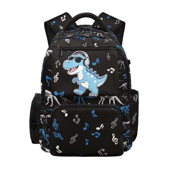 Xixirimido Dinosaur Music Notes Black Print Kids Backpacks for Boys, 17 Inch Large Capacity Backpack Toddler Elementary Schoolbag for Teens Students Lightweight Durable Bookbag