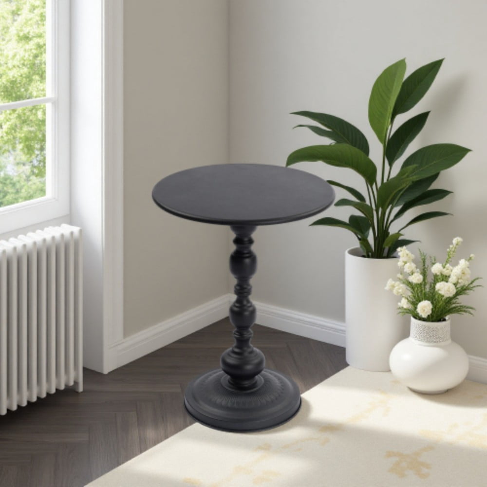 Round Metal Side Table, Vintage End Table with Pedestal Base, Small Accent Table for Sofa, Bedside, Balcony, Living Room & Bedroom, Black