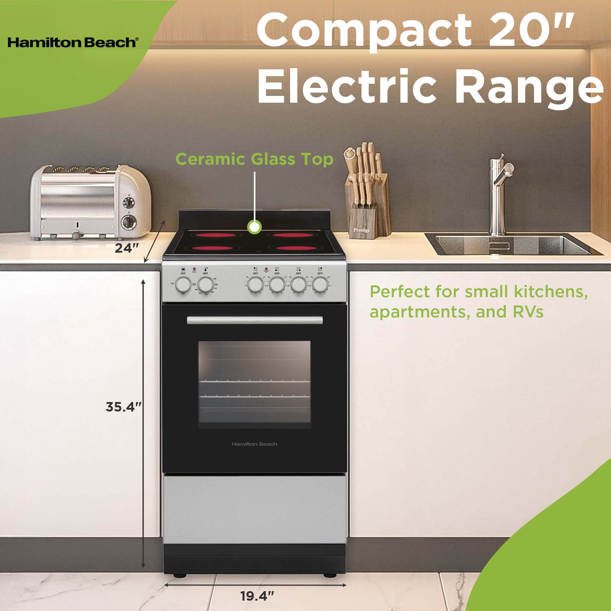 Hamilton Beach 20" Electric Range, Vitroceramic Top, With Shallow Tray, Inox
