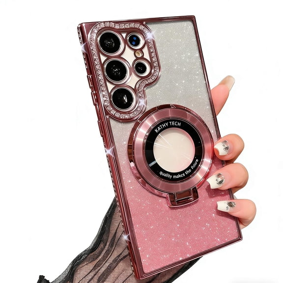 Glitter Case for Samsung Galaxy S26 Ultra, Stylish Case with Bling Paper Ring Kickstand Magnetic Phone Cover for Women Girls, Pink
