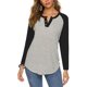 thumbnail image 1 of Mujeres manga larga T Camisas botón V Masajeadores de cuello color empalme casual Top para el desgaste diario negro S, 1 of 6