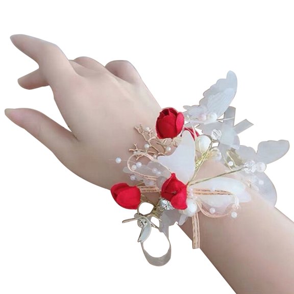 HEVIRGO Artificial Bridal Bridesmaid Butterfly Wrist Flower Stretch Bracelet Corsage Red Cloth