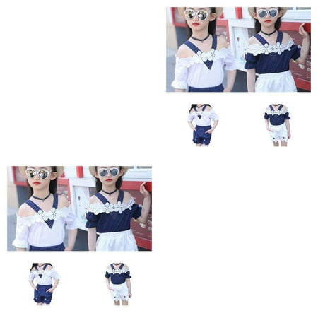 

2pcs Girl Summer Clothes Set Baby Girl Lace Shirt + Shorts Summer Teenage Kids Off Shoulder Short Sleeve Top