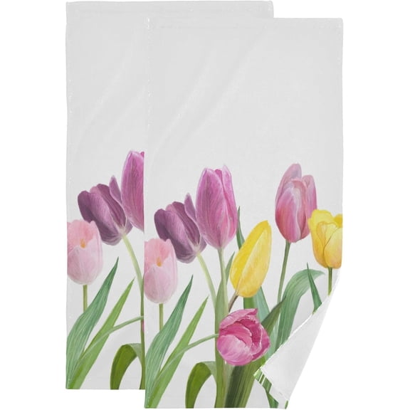 Purple Pink Yellow Tulip Hand Towels for Bathroom Set of 2 Microfiber Garden Blooming Floral Green Leaves Plant Kitchen Towels Decorative Bathroom Towels for Bath Hair Guest Shower 14"x28"