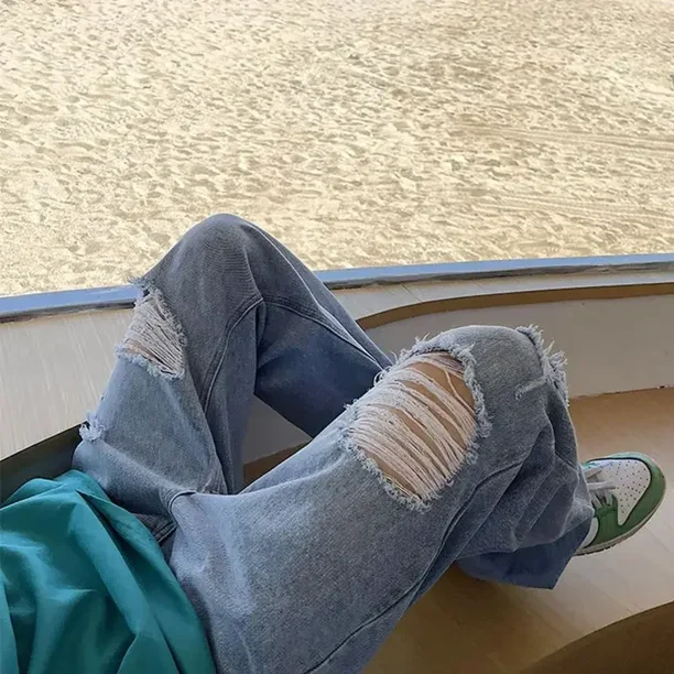 Pantalones vaqueros rotos para hombre, ropa recta con agujeros, holgados, alta calidad, verano, Y2k, 2000s