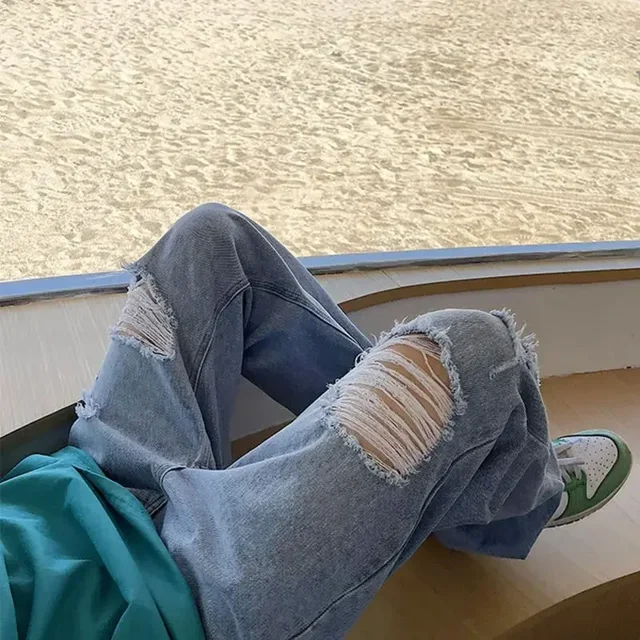 Pantalones vaqueros rotos para hombre, ropa recta con agujeros, holgados, alta calidad, verano, Y2k, 2000s