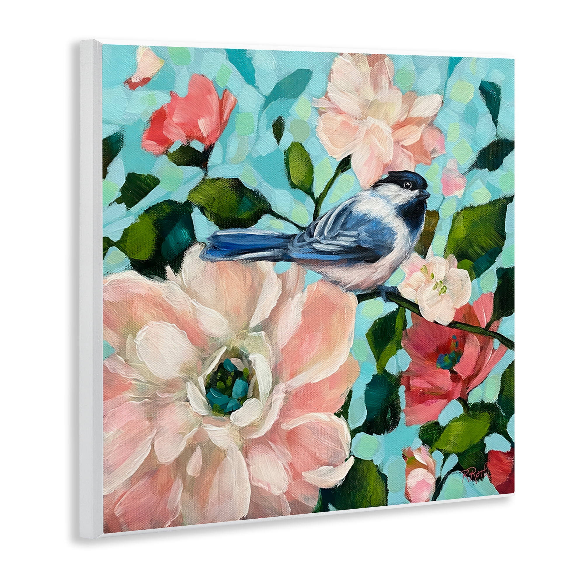 Stupell Industries Blue Bird & Bold Flowers Plants & Flowers Painting Unframed Art Print Wall Art, 12 x 12