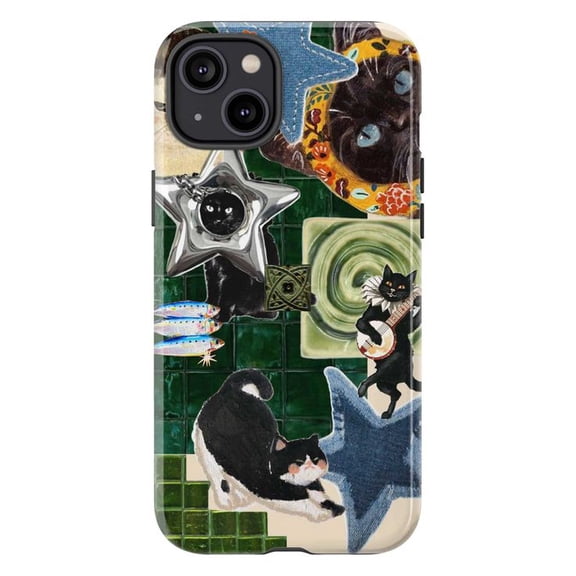 Whimsical Black Cat Collage Phone Case, Fun Cat Illustration with Stars and Musical Elements, Artistic iPhone Cover for iPhone 17 16 15 14 13 12 11 Pro Plus Mini