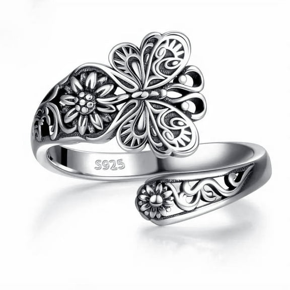 Spoon-Shaped Open Adjustable Butterfly Sunflower Women's Ring, S925 Sterling Silver