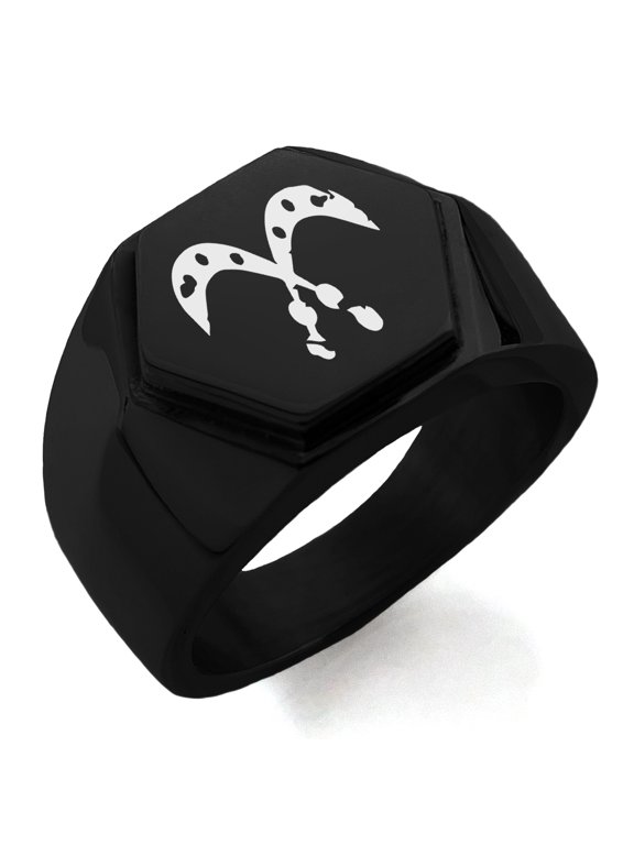 Stainless Steel Ancient Tribal Courage Rune Engraved Hexagon Crest Flat Top Biker Style Polished Ring