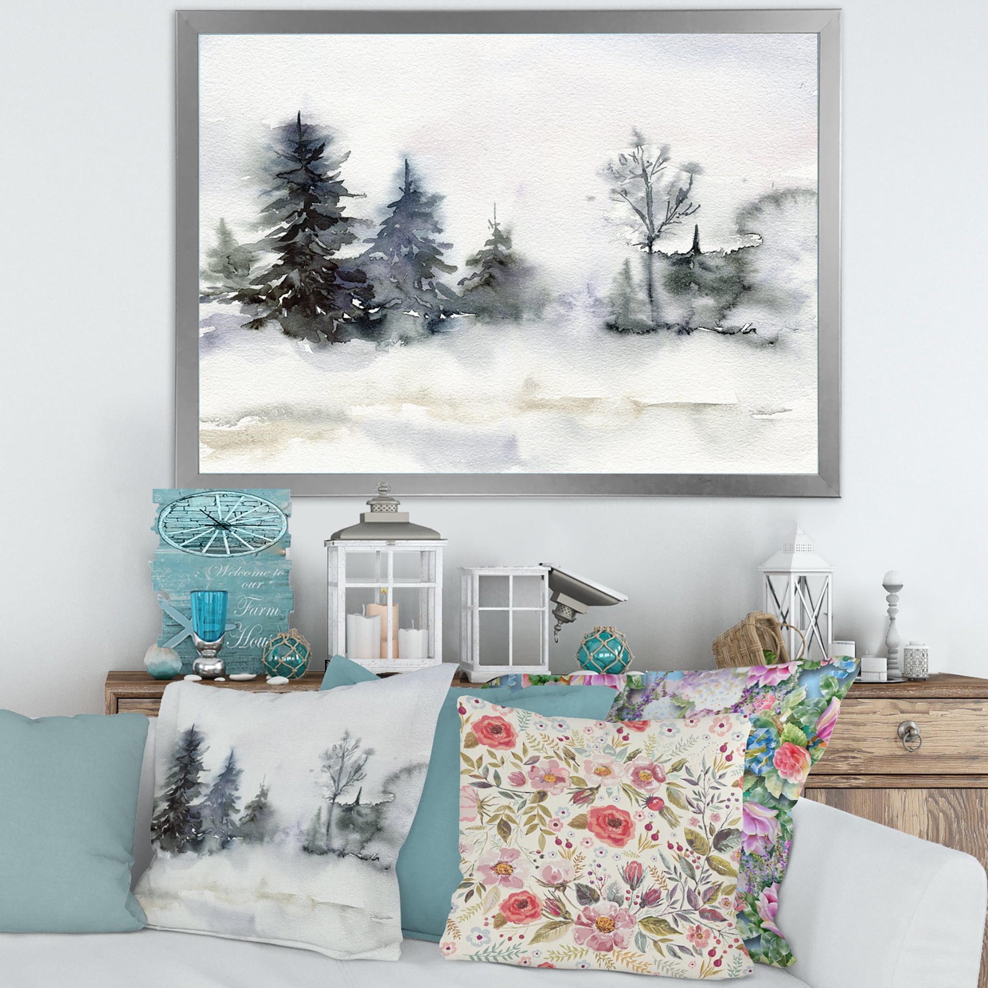 Designart 'Christmas Minimalistic Snow and Forest Landscape' Lake House Framed Art Print