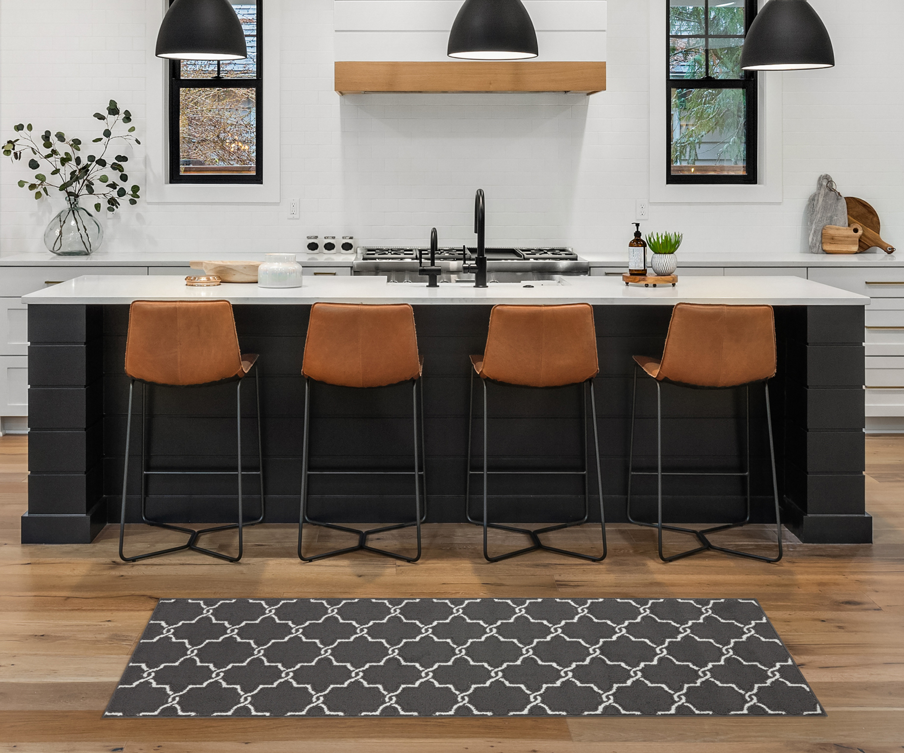 Washable Skid-Resistant Runner Rug, Geometric, Dark Grey and White, 26" x 72"