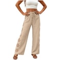 thumbnail image 2 of Lmueinov 100% Cotton Summer Pants for Women High Waist Drawstring Wide Leg Cutout Trousers Loose Solid Breathable Flowy Lounge Pants for Vacation Work Everyday Wear, 2 of 5
