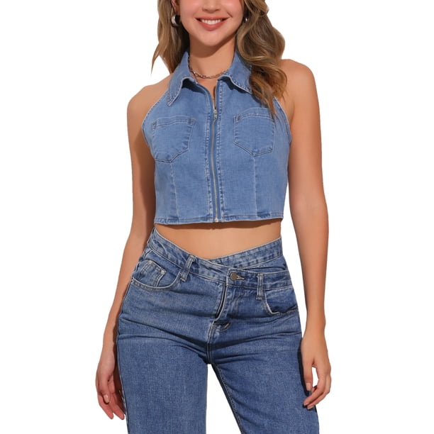 INSPIRAR CHIC Top de Mujer de Mezclilla con Cuello Halter y Cierre, Sin Mangas, Tops de Jean L Azul Claro