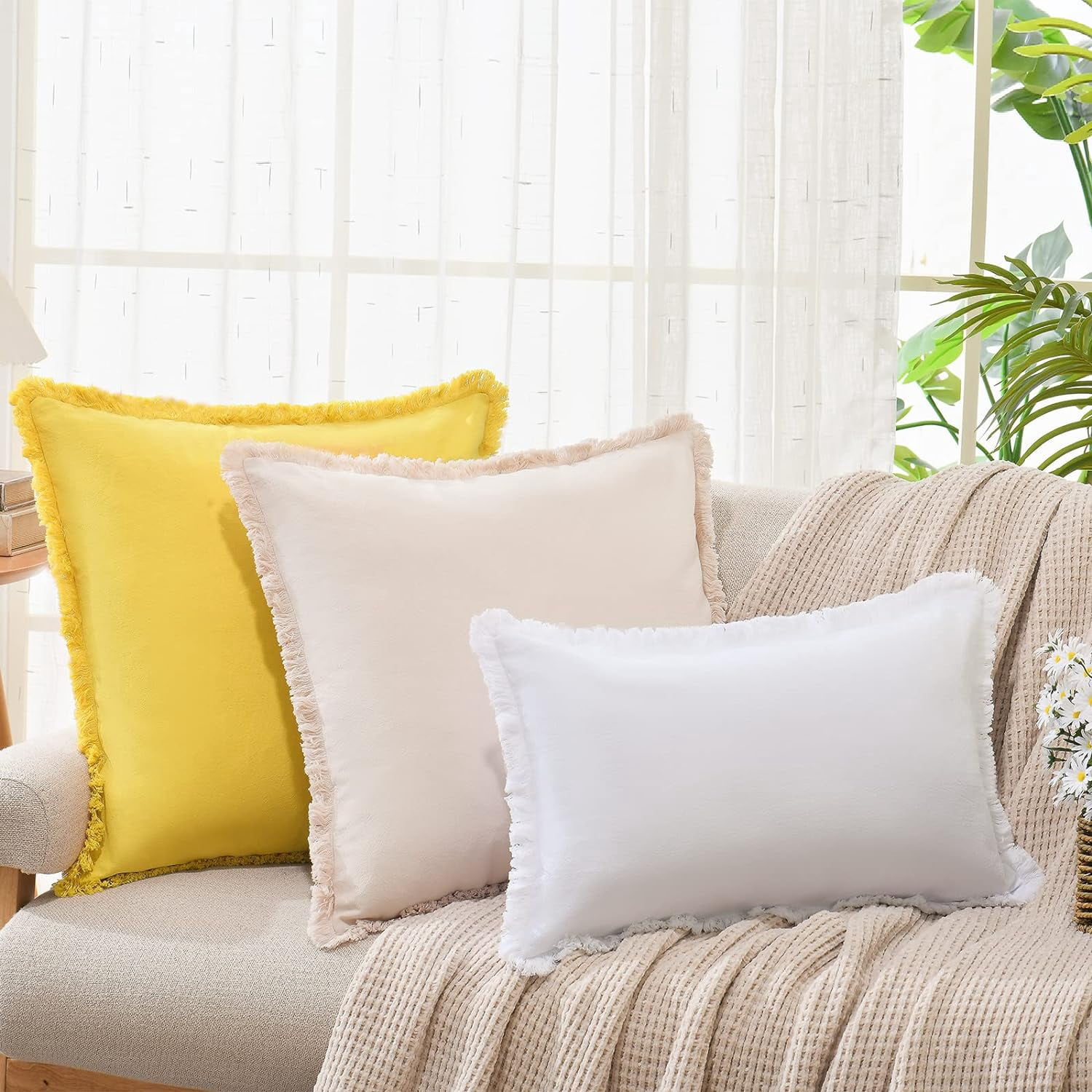 Yumcute Pillow Covers 16x16 Set of 2 Beige Throw Pillow Covers with Fringe Chic Cotton Decorative Pillows Square Cushion Covers for Sofa Couch Bed Boho Decor