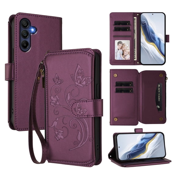TECH CIRCLE for Samsung Galaxy A25 5G PU Leather Flip Stand Wallet Case, Shockproof,Zipper Pocket with Card Slots & Detachable Wrist Strap Shoulder Strap TPU Folio Cover,Darkpurple