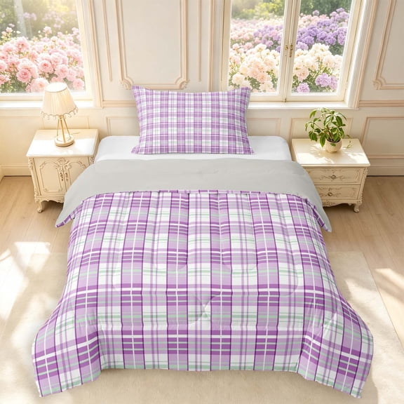 Manfei Geometric Check Twin Comforter Sets,Classic Checkered Bedding Set,Purple White,Light Gray Reversible,2-Piece,1 Comforter and 1 Pillowcase,2-Piece,1 Comforter and 1 Pillowcase