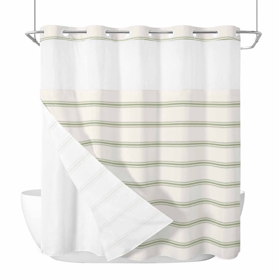 Sage Green Striped No Hook Shower Curtain Waterproof,Bathroom Curtains with Snap in Liners and See Through Top Window,Rustic Green Stripe Modern Art Beige Hotel Bathtub Curtains Shower 72"Wx78"L