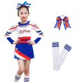 thumbnail image 1 of Long Sleeves Blue Girl Cheerleading Costume Uniform Kids Women Cheerleader Dance Outfit Round Neckline Patchwork Style Pompoms, 1 of 4